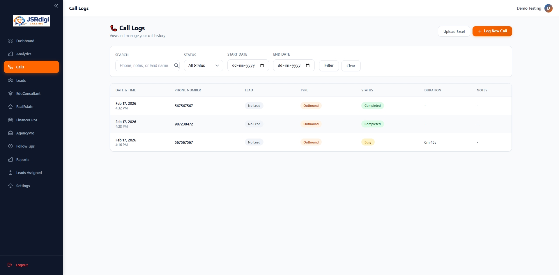 Telecalling CRM Call Logs